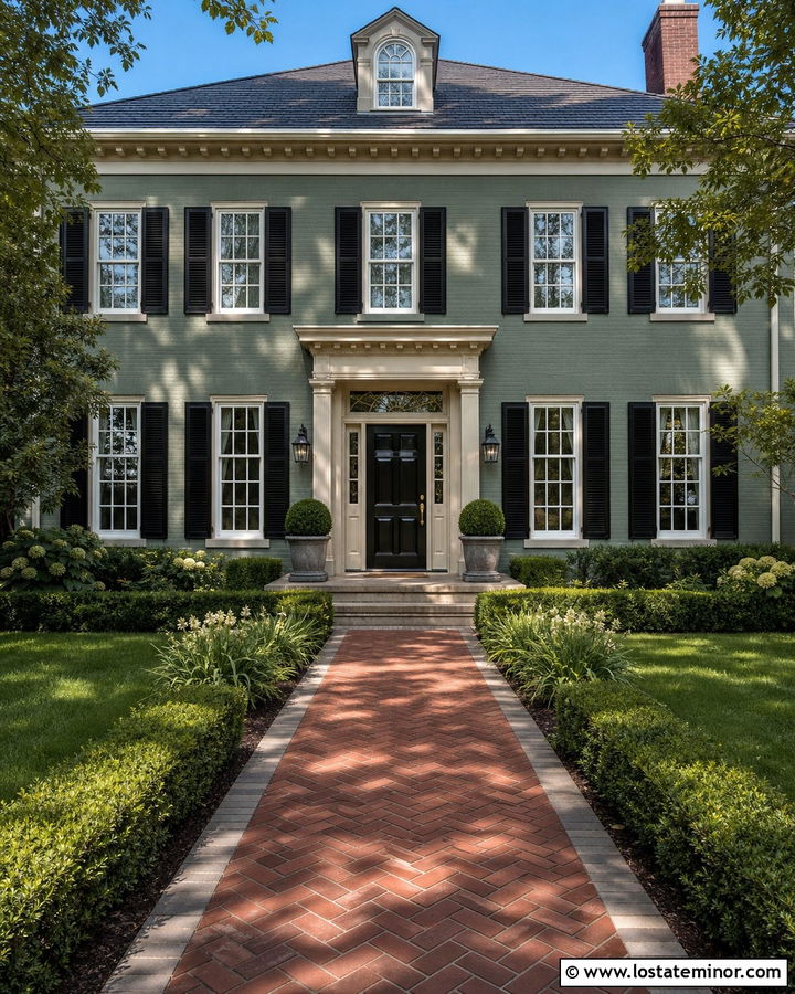 Sage Green House With Herringbone Brick Walkway - 30 Sage Green House Design With Walkway Ideas