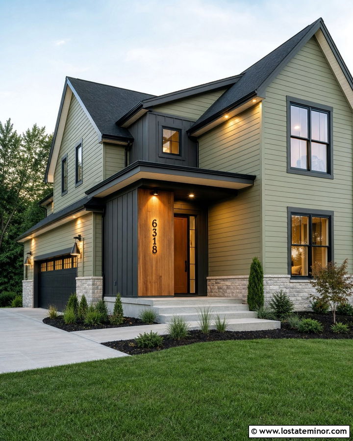 Sage Green House With Illuminated House Numbers - 30 Sage Green House Design With Lighting Ideas