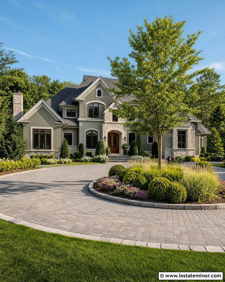 Sage Green House With Landscaped Driveway Island - 30 Sage Green House Design With Driveway Ideas
