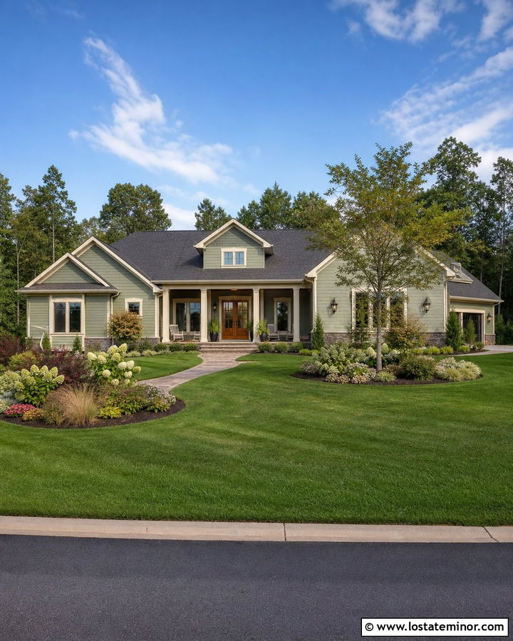 Sage Green House With Large Front Yard And Island Beds - 30 Sage Green House Design With Front Yard Ideas