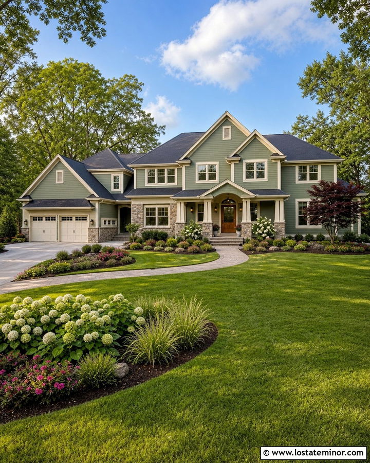 Sage Green House With Large Front Yard Landscaping - 30 Sage Green House Design With Landscaping Ideas