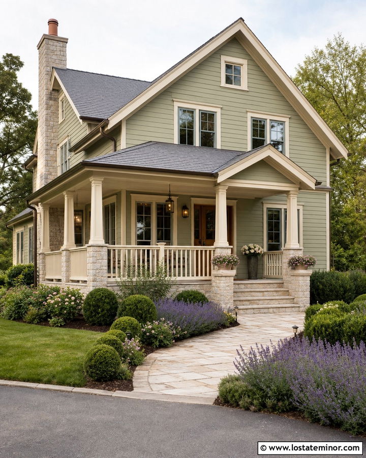 Sage Green House With Limestone Porch And Cream Railings - 30 Sage Green House Design With Railings Ideas