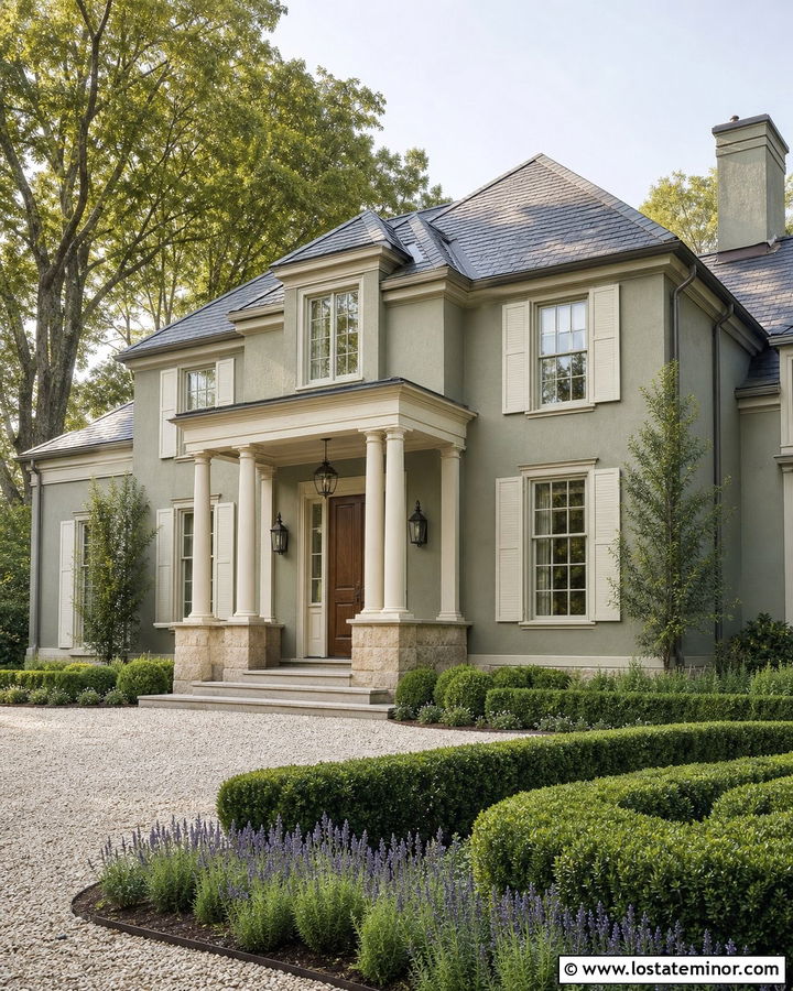 Sage Green House With Limestone Portico - 30 Sage Green House Design With Portico Ideas