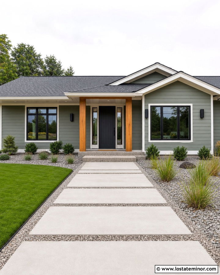 Sage Green House With Low Maintenance Walkway - 30 Sage Green House Design With Walkway Ideas