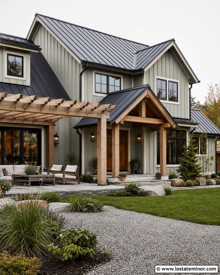 Sage Green House With Metal Roof And Timber Pergola - 30 Sage Green House Design With Pergola Ideas