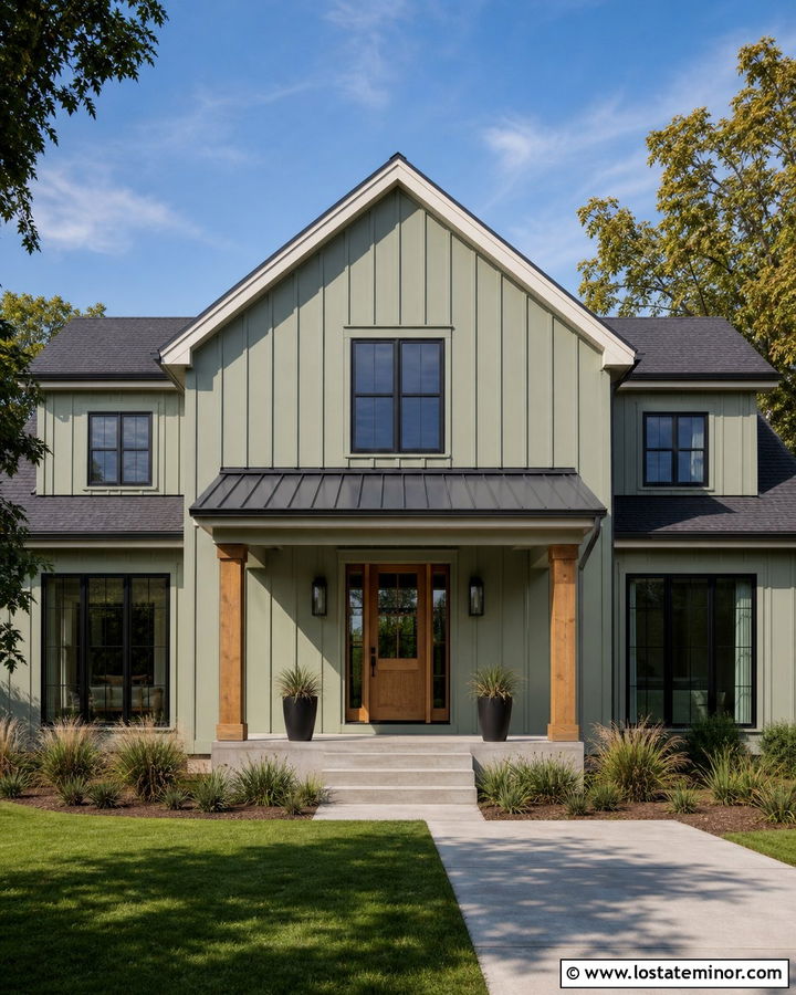 Sage Green House With Metal Roof Portico - 30 Sage Green House Design With Portico Ideas