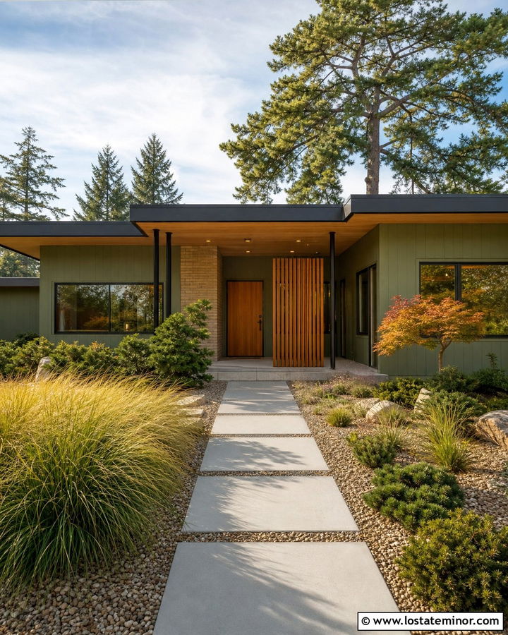 Sage Green House With Midcentury Portico - 30 Sage Green House Design With Portico Ideas