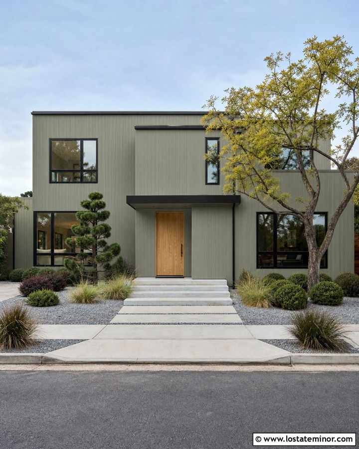 Sage Green House With Minimalist Portico - 30 Sage Green House Design With Portico Ideas