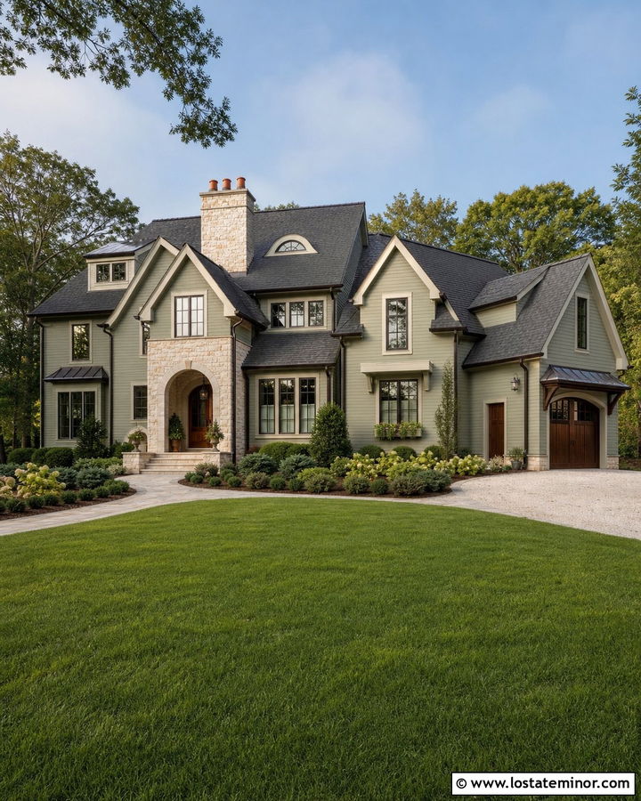 Sage Green House With Mixed Dormer Shapes - 30 Sage Green House Design With Dormers Ideas