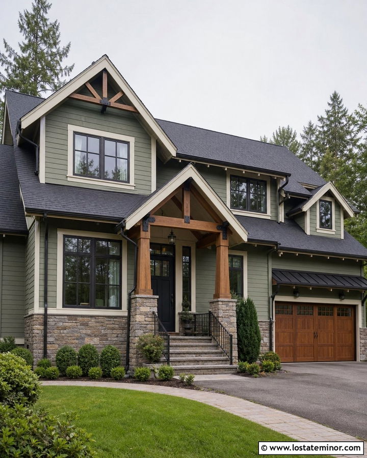 Sage Green House With Mixed Material Porch Columns - 30 Sage Green House Design With Porch Columns Ideas