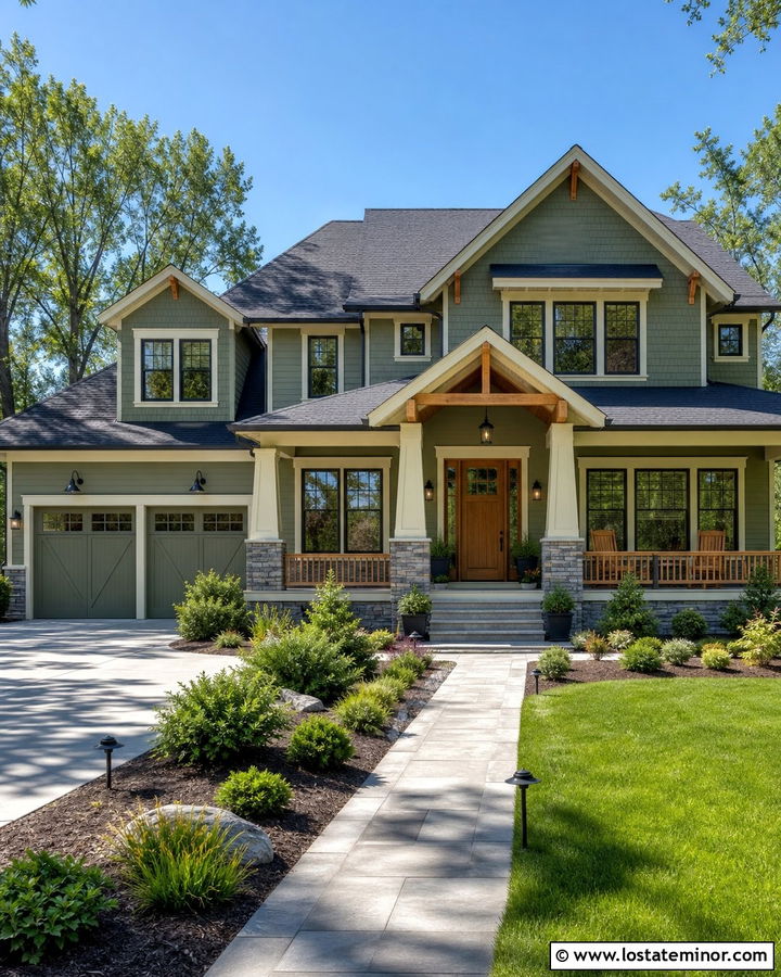 Sage Green House With Mixed Outdoor Lighting - 30 Sage Green House Design With Light Fixtures Ideas