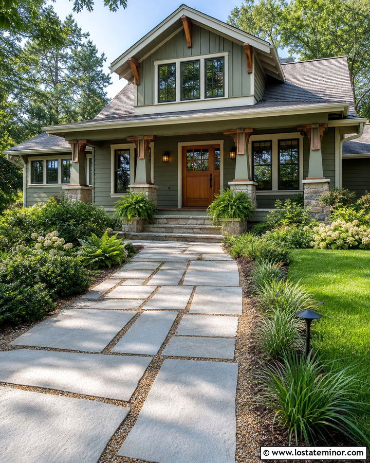 Sage Green House With Mixed Stone Walkway - 30 Sage Green House Design With Walkway Ideas