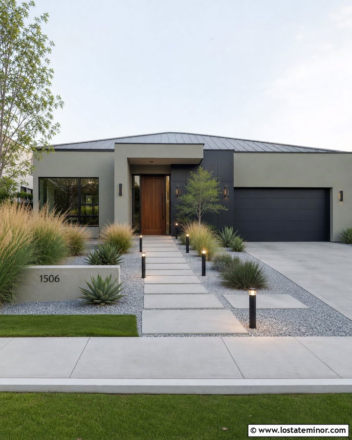 Sage Green House With Modern Bollard Lights - 30 Sage Green House Design With Lighting Ideas
