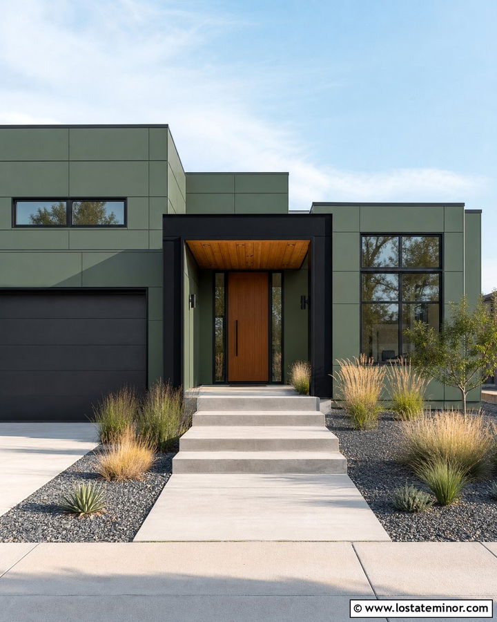 Sage Green House With Modern Box Portico - 30 Sage Green House Design With Portico Ideas
