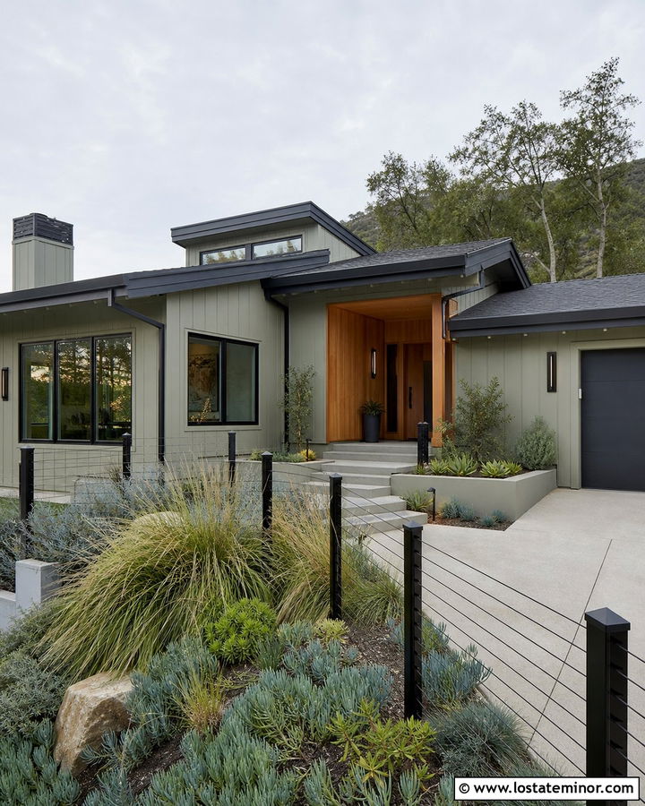 Sage Green House With Modern Cable Fence - 30 Sage Green House Design With Fence Ideas