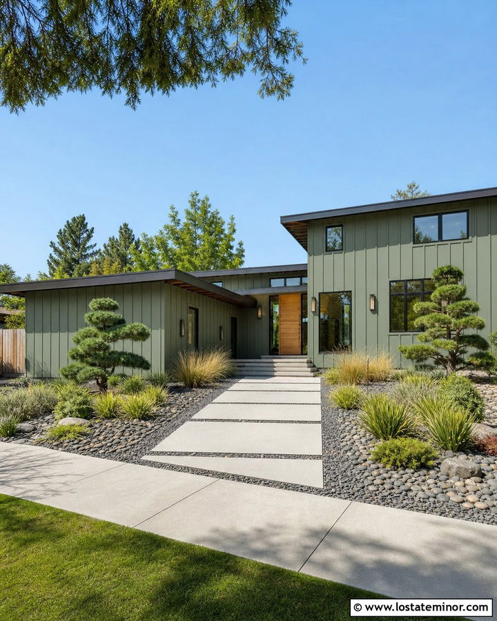 Sage Green House With Modern Concrete Slabs - 30 Sage Green House Design With Walkway Ideas