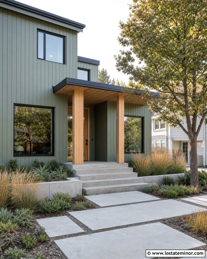 Sage Green House With Modern Wood Porch Columns - 30 Sage Green House Design With Porch Columns Ideas
