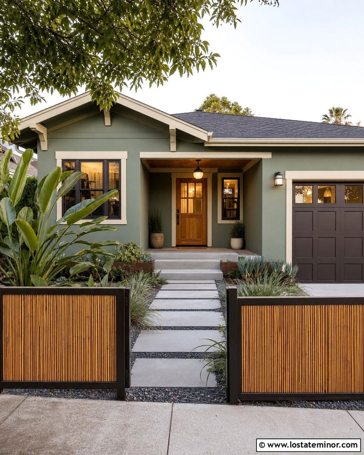 Sage Green House With Natural Bamboo Fence - 30 Sage Green House Design With Fence Ideas