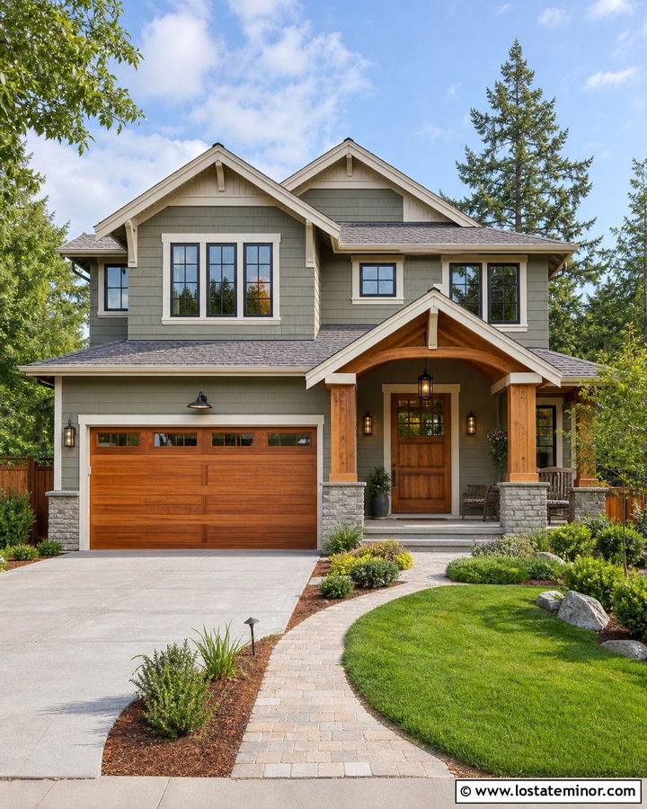 Sage Green House With Natural Cedar Garage Door - 30 Sage Green House Design With Garage Door Ideas