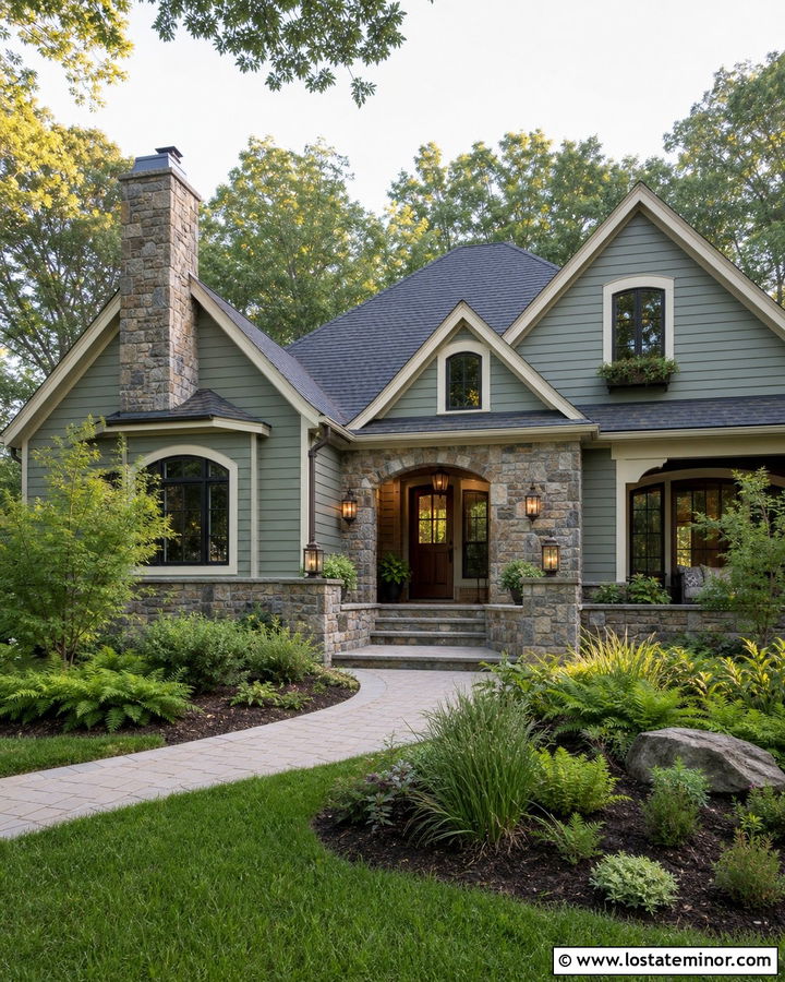 Sage Green House With Natural Fieldstone - 30 Stone House Design With Stone Accents Ideas