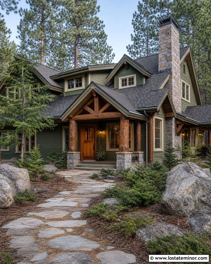 Sage Green House With Natural Log Porch Columns - 30 Sage Green House Design With Porch Columns Ideas