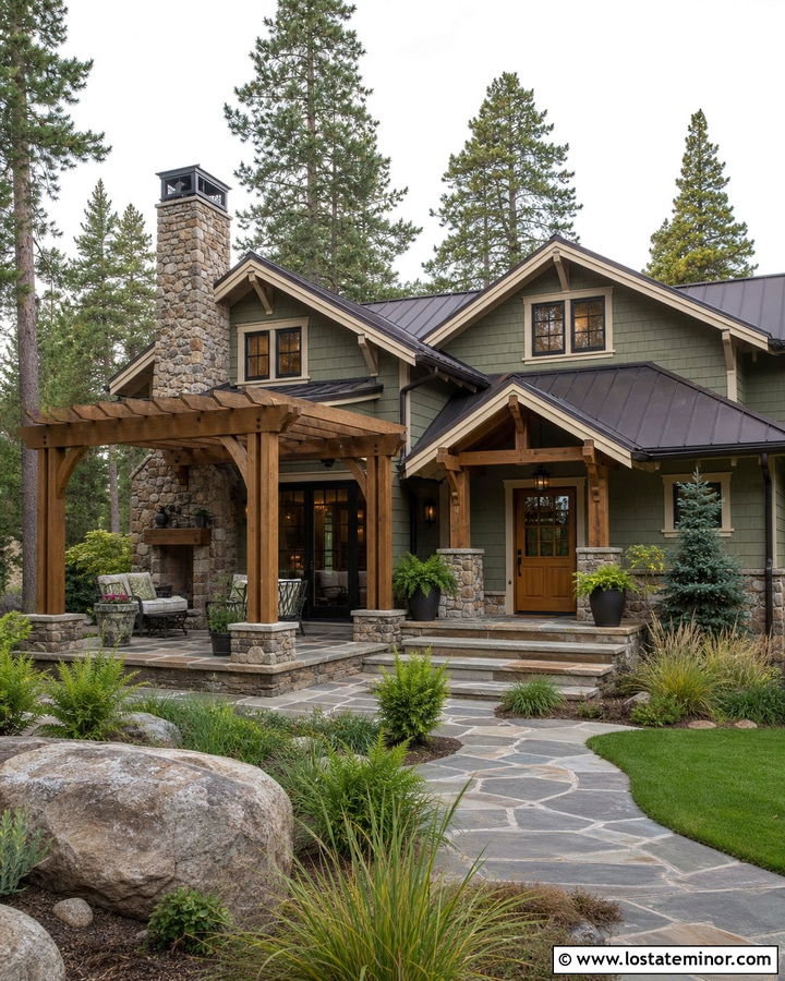 Sage Green House With Natural Stone And Oak Pergola - 30 Sage Green House Design With Pergola Ideas