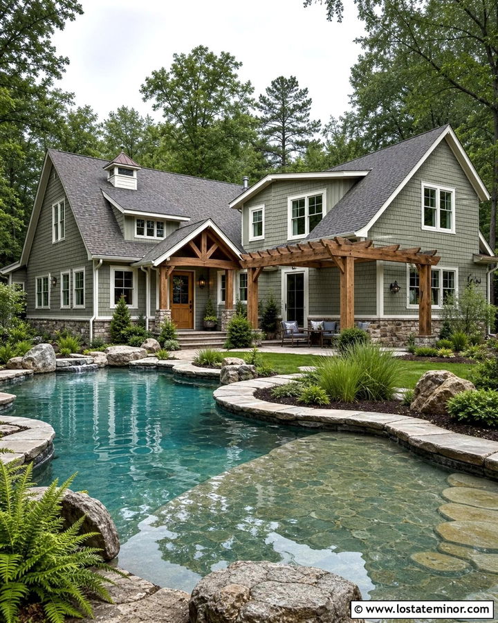 Sage Green House With Natural Stone Pool - 30 Sage Green House Design With Swimming Pool Ideas