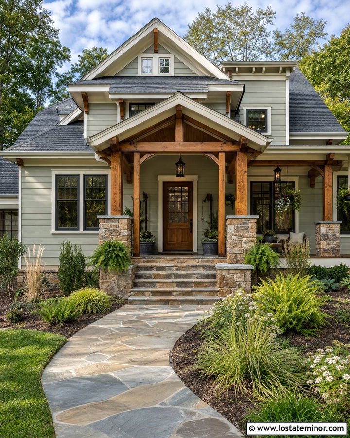 Sage Green House With Natural Stone Steps - 30 Sage Green House Design With Steps Ideas