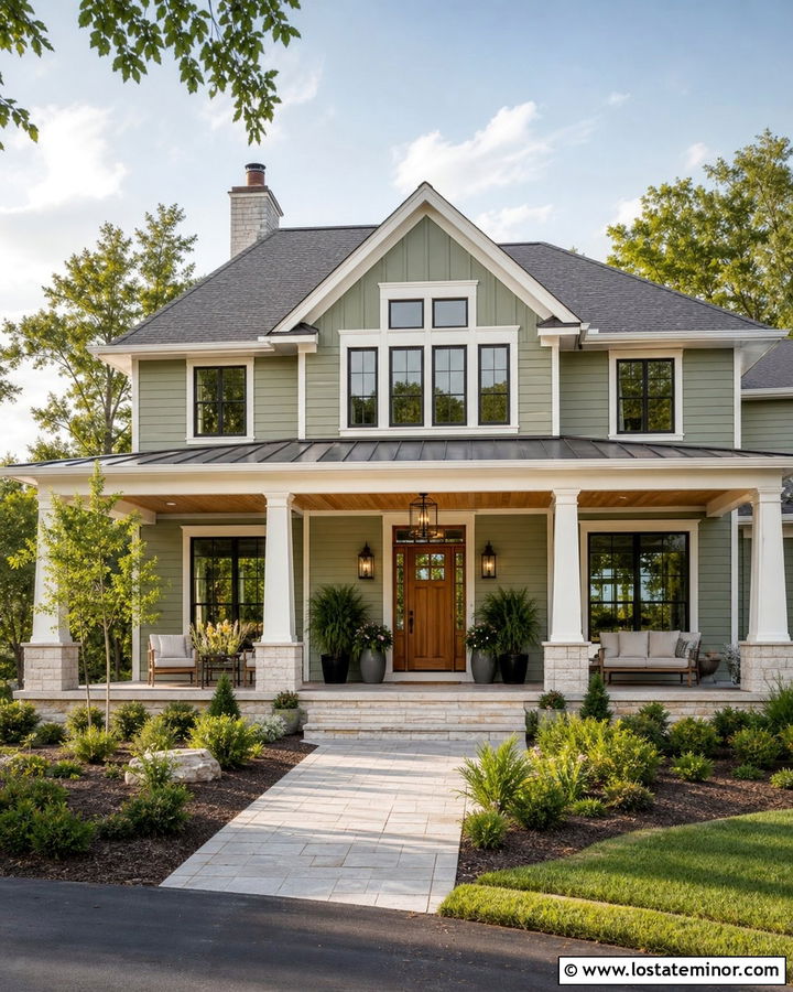 Sage Green House With Natural Wood Pendant Lights - 30 Sage Green House Design With Light Fixtures Ideas