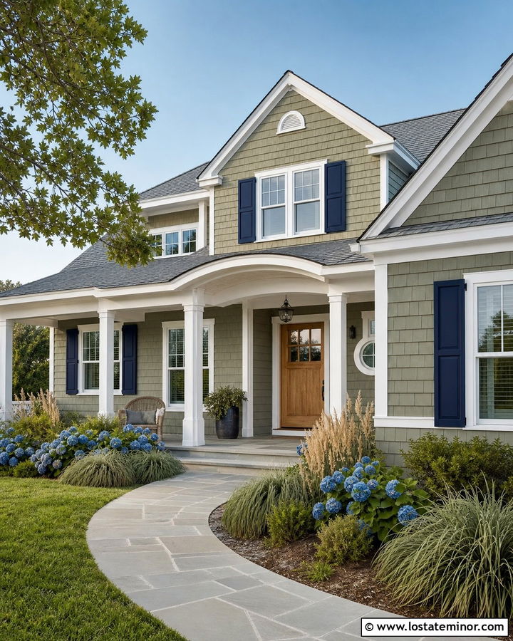 Sage Green House With Navy Blue Shutters - 30 Sage Green House Design With Shutters Ideas