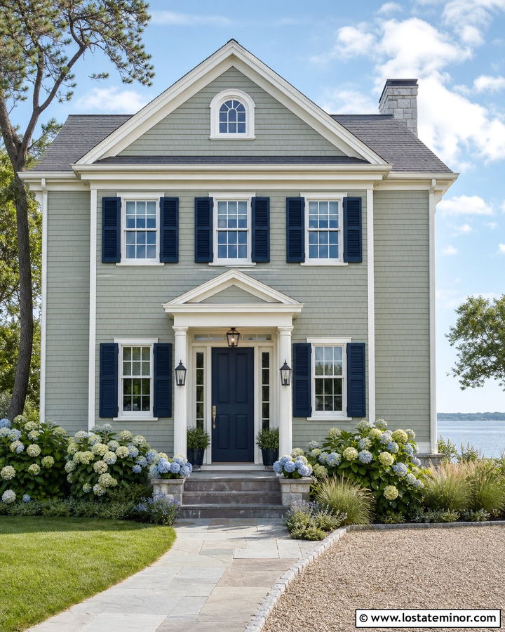 Sage Green House With Navy Door And Gables - 30 Sage Green House Design With Gables Ideas