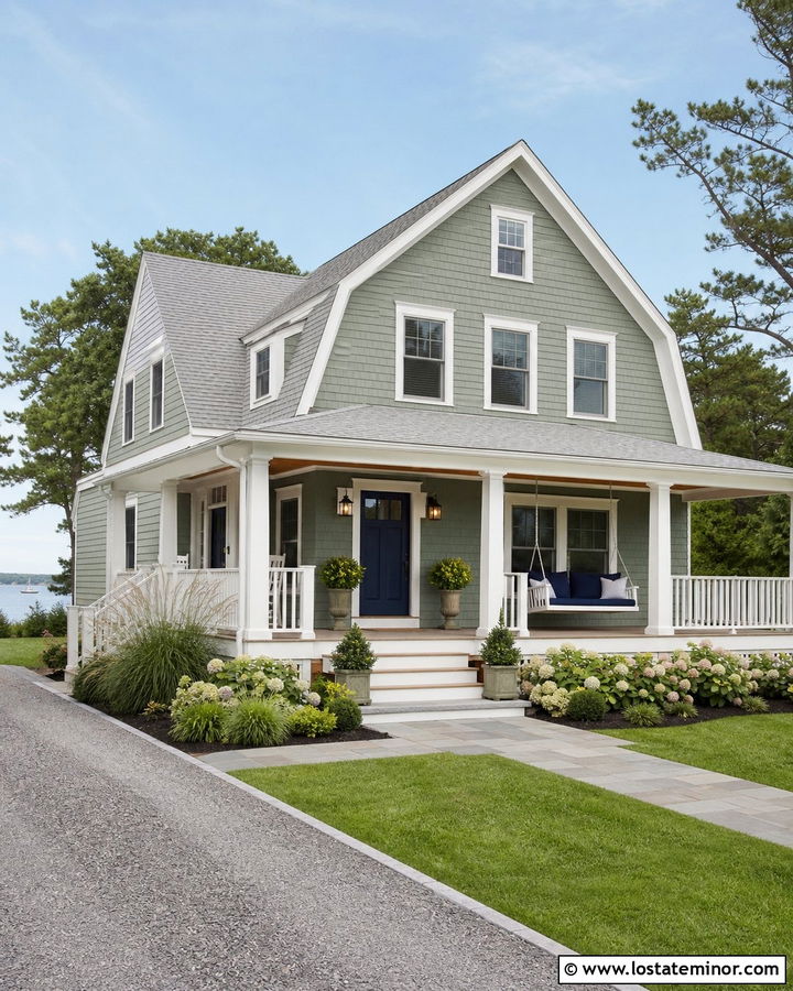 Sage Green House With Navy Door And Swing - 30 Sage Green House Design With Swing Ideas