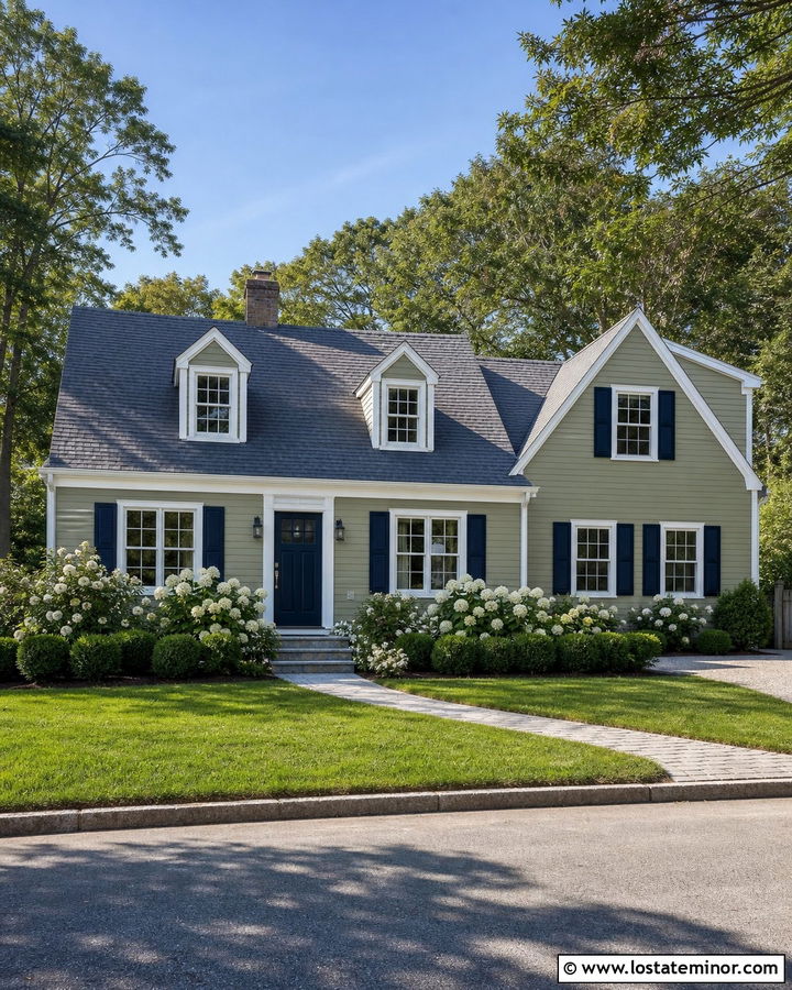 Sage Green House With Navy Door And White Flowers - 30 Sage Green House Design With Landscaping Ideas