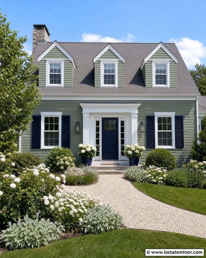 Sage Green House With Navy Door And White Flowers - 30 Sage Green House Design With Front Yard Ideas