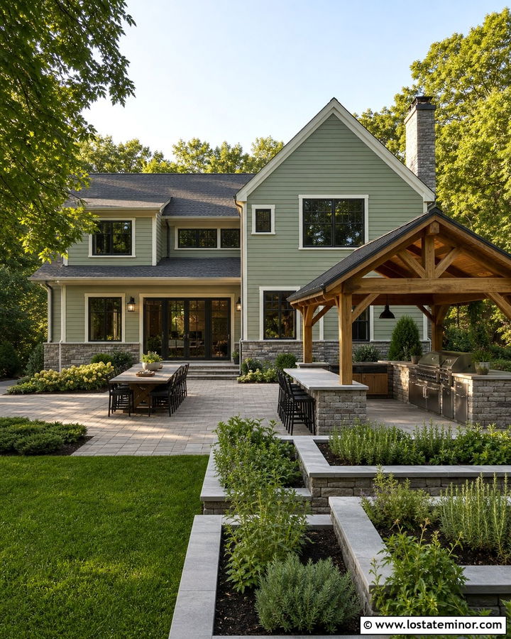 Sage Green House With Outdoor Kitchen - 30 Sage Green House Design With Backyard Ideas
