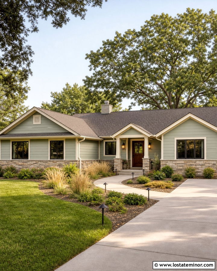 Sage Green House With Path Lighting - 30 Sage Green House Design With Lighting Ideas