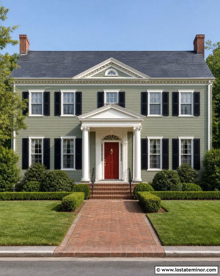 Sage Green House With Pediment Portico - 30 Sage Green House Design With Portico Ideas