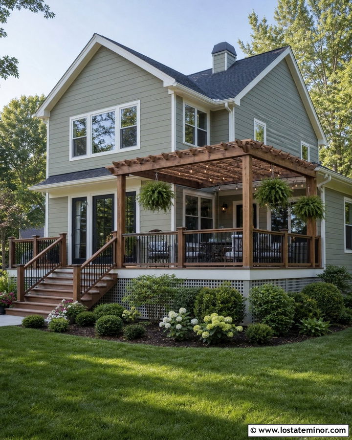 Sage Green House With Pergola Covered Deck - 30 Sage Green House Design With Pergola Ideas