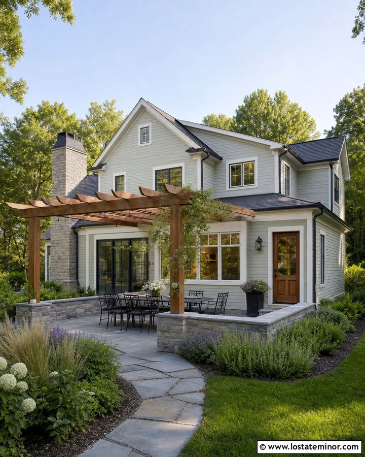 Sage Green House With Pergola Dining Patio - 30 Sage Green House Design With Pergola Ideas