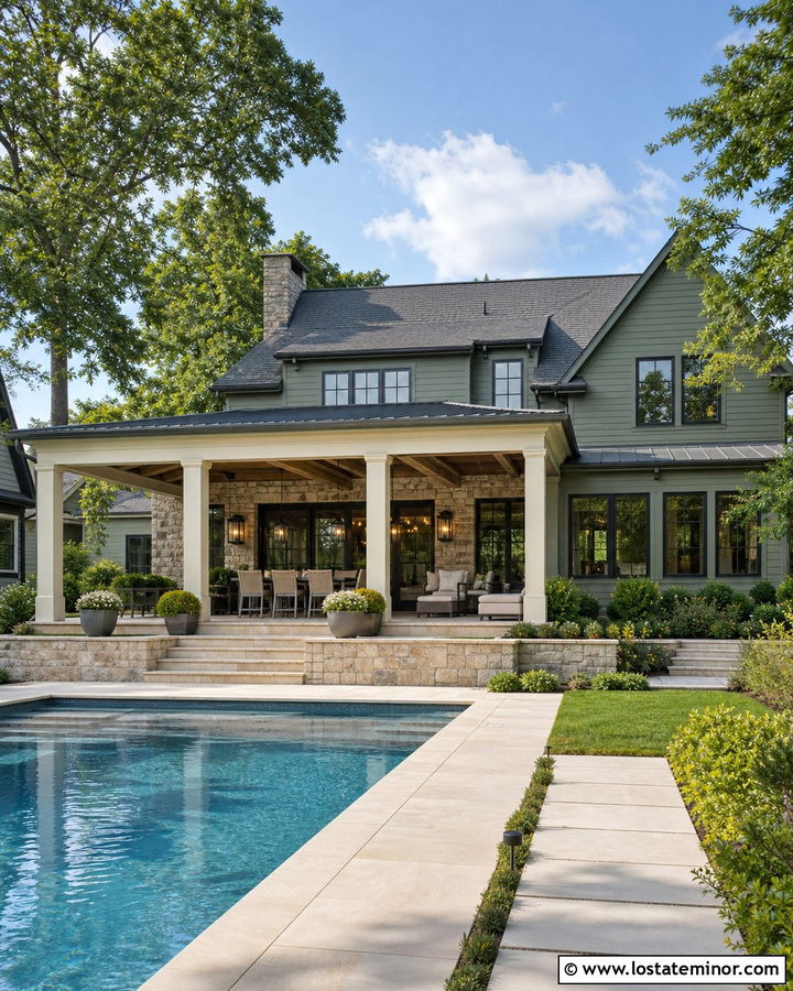 Sage Green House With Pool And Covered Patio - 30 Sage Green House Design With Swimming Pool Ideas