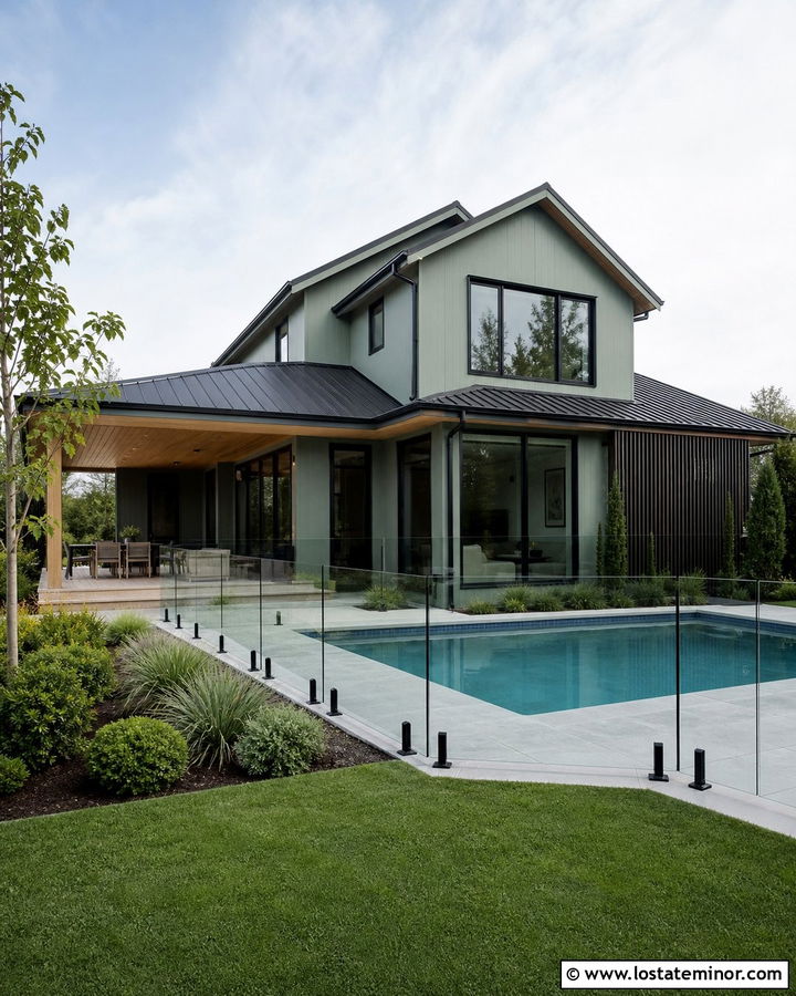 Sage Green House With Pool And Glass Fence - 30 Sage Green House Design With Swimming Pool Ideas