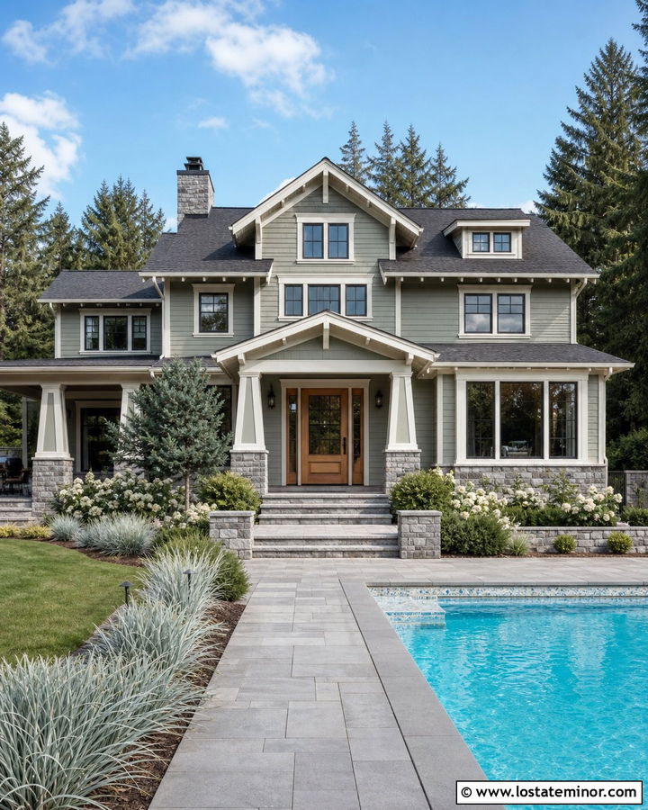 Sage Green House With Pool And Gray Stone Accents - 30 Sage Green House Design With Swimming Pool Ideas