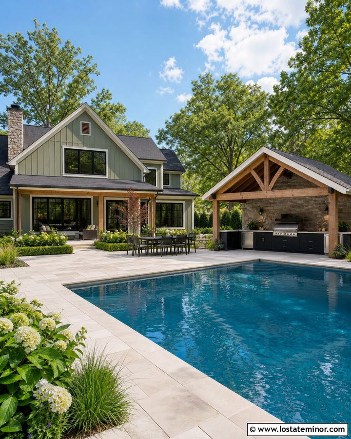 Sage Green House With Pool And Outdoor Kitchen - 30 Sage Green House Design With Swimming Pool Ideas