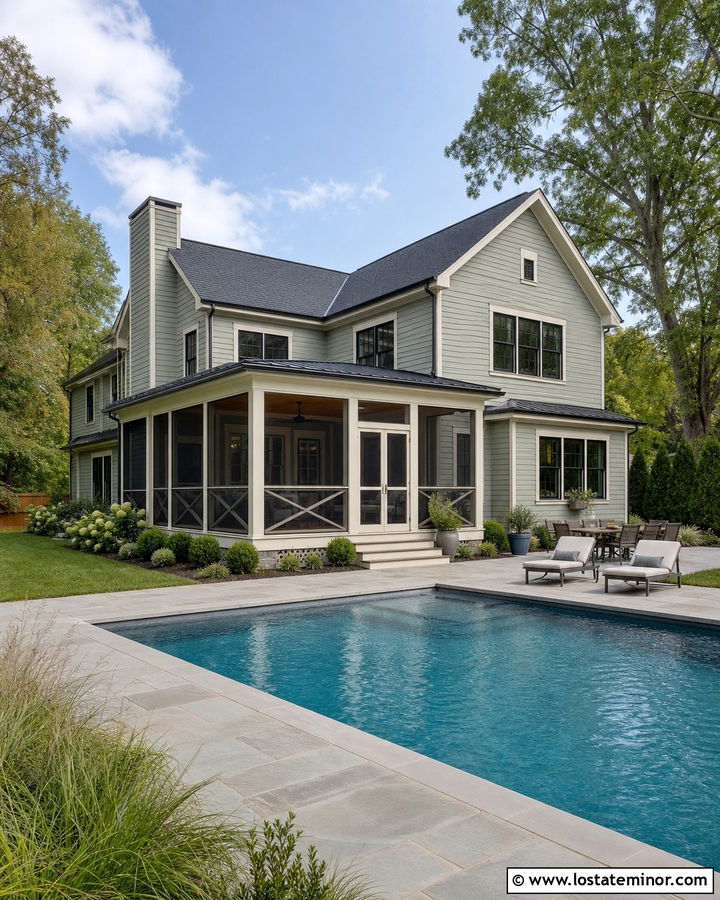 Sage Green House With Pool And Screened Porch - 30 Sage Green House Design With Swimming Pool Ideas