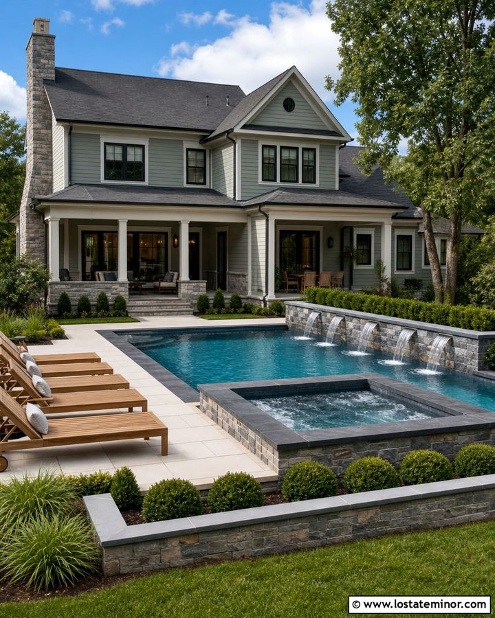 Sage Green House With Pool And Water Feature - 30 Sage Green House Design With Swimming Pool Ideas