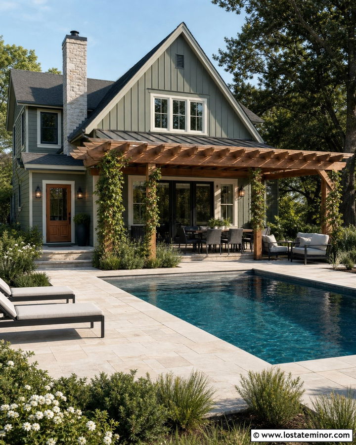 Sage Green House With Pool And Wood Pergola - 30 Sage Green House Design With Swimming Pool Ideas