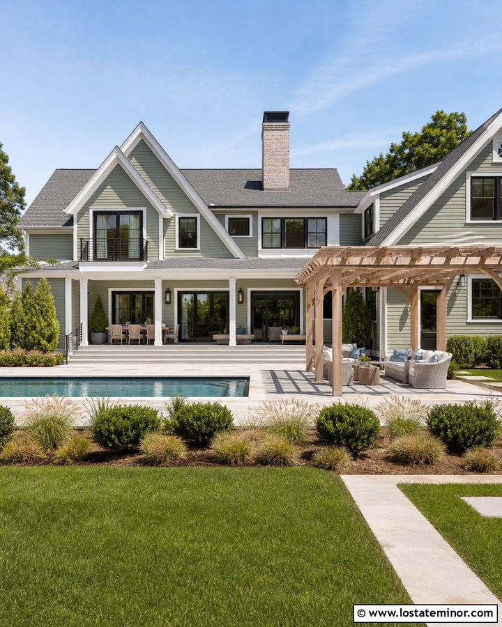 Sage Green House With Poolside Pergola - 30 Sage Green House Design With Pergola Ideas