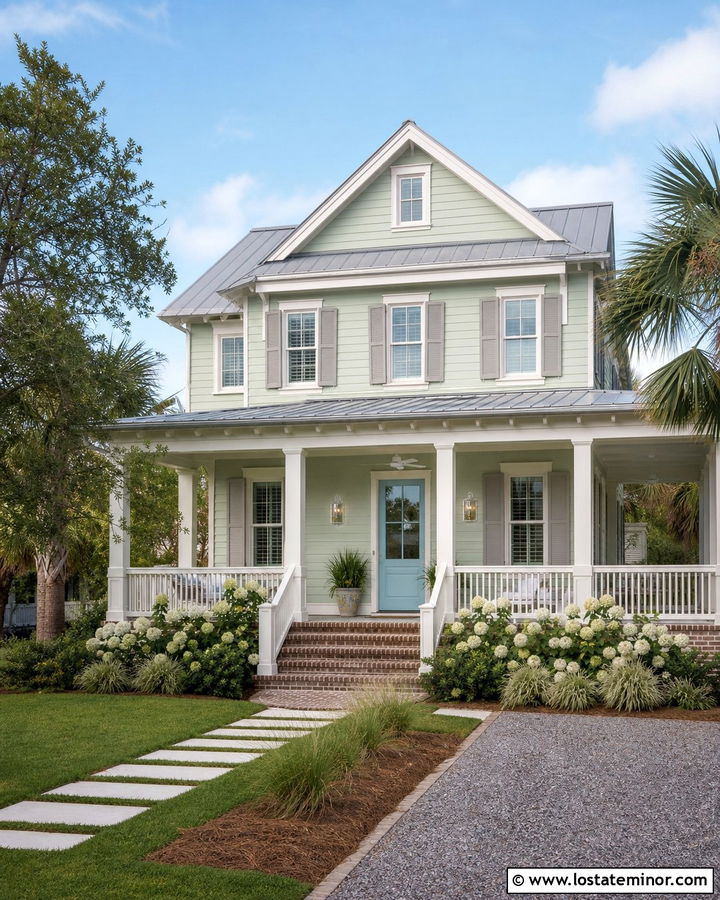 Sage Green House With Porch Fan Lighting - 30 Sage Green House Design With Lighting Ideas