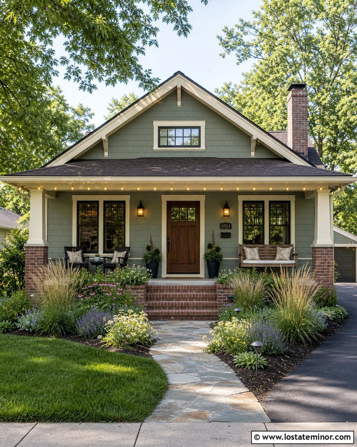 Sage Green House With Porch String Lights - 30 Sage Green House Design With Lighting Ideas