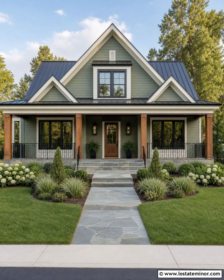 Sage Green House With Porch Walkway - 30 Sage Green House Design With Walkway Ideas
